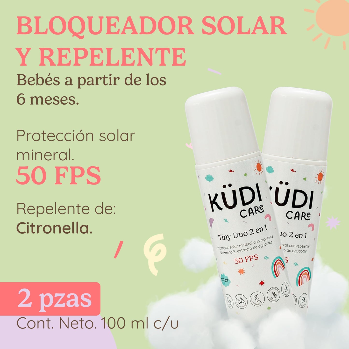 Kit de Protector Solar Mineral con Repelente Natural Citronella 2 en 1 Roll On Bloqueador contra UVA UVB Pediatrico FPS 50 para Bebés y Niños Facial y Corporal Piel Sensible Uso Diario  (2 Piezas)