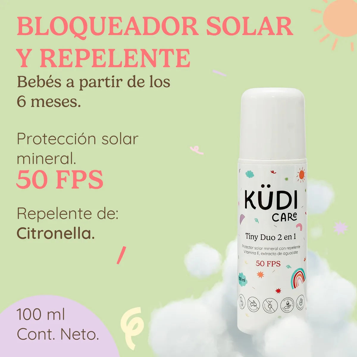 Tiny Duo Protector Solar Mineral con Repelente Natural Citronella 2 en 1 Roll On FPS 50 para Bebés y Niños 100 ml